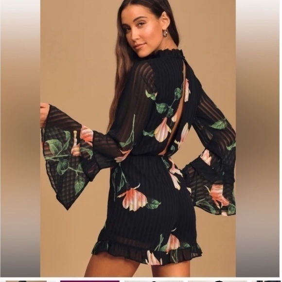 Lulus Pants - Lulu’s Women's Talking Sweet Romper Black Pink Floral Print Long Sleeve Sz XS
